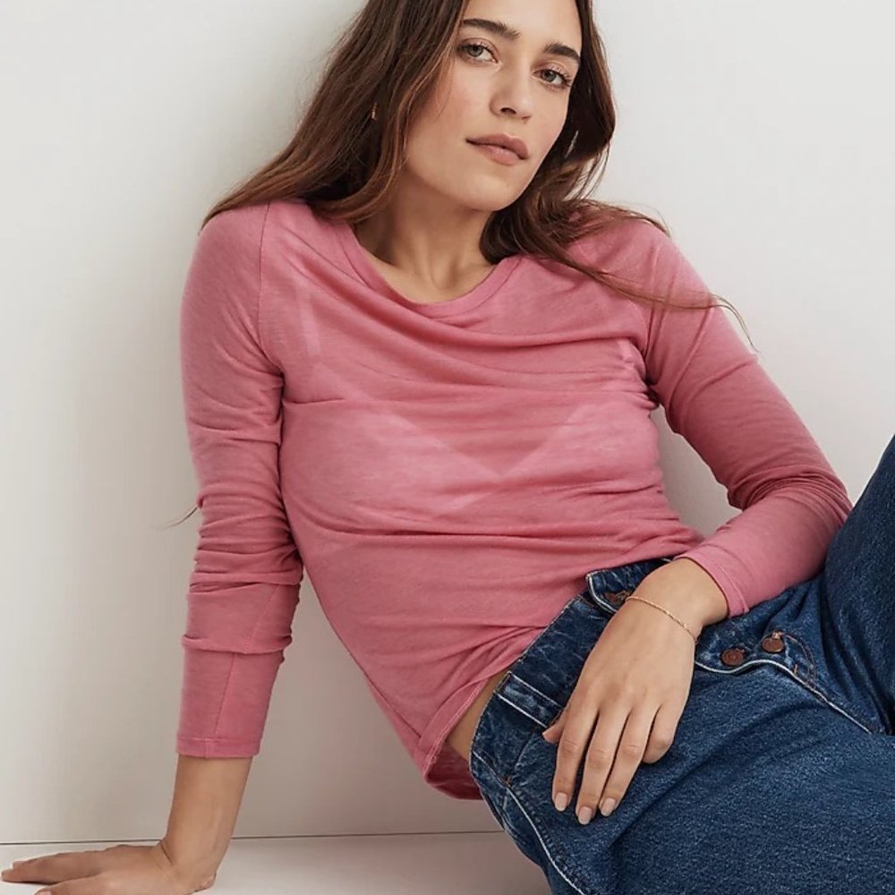 NWOT Madewell Scoopneck Long-Sleeve Sheer Soft Tee in Nouveau Pink X-SMALL